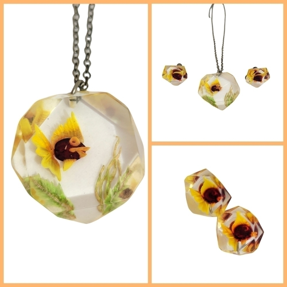 Vintage Fish Clear Resin Short Choker Necklace & Earring Set